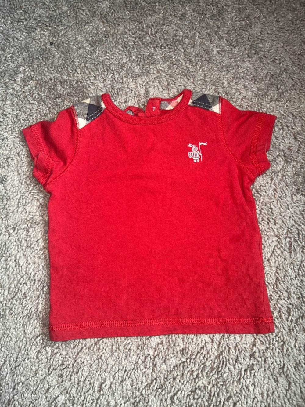 Burberry Red Short Sleeve Tee with Classic Plaid Shoulder Accents Size 3 Months